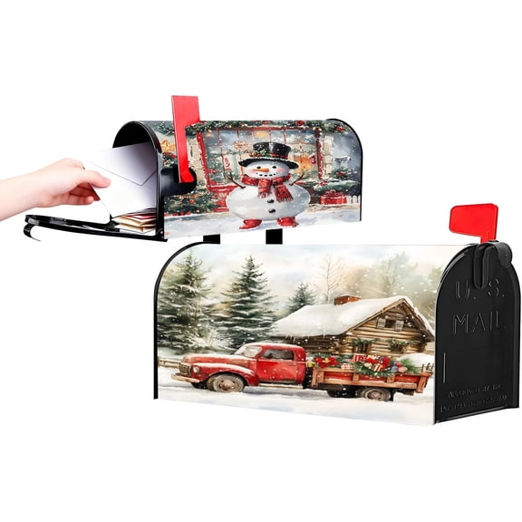 Snow Scene Large Magnetic Mail Box Wraps for Winter,Post Letter Box Cover for Holiday Garden Yard Decor,Snowman and Red Truck Mailbox Covers Magnetic Large Size 25.5x21 Inch