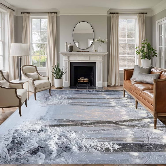 Snow Scenery 8'x10' Area Rug for Living Room Sectional Sofa, Dreamy Winter Snowflakes Forest Trees Snow Non Slip Large Rectangle Area Rug, Machine Washable Indoor Outdoor Mat