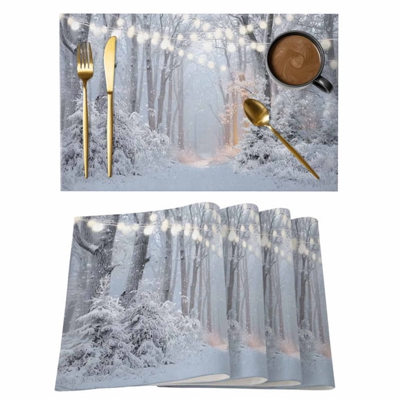 Snow Scenery Placemats Set of 1, Shiny Winter Snowflakes Forest Trees Snow Non-Slip Place Mats Washable Table Mats for Kitchen Dining Table Decorations Indoor/Outdoor