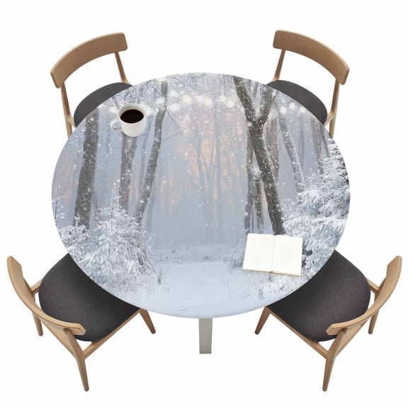 Snow Scenery Round Fitted Tablecloth with Elastic Edge Dreamy Winter Snowflakes Forest Trees Snow Table Cover Fit for 45"-54" Tables Waterproof Tablecloths for Dinner Camping Picnic
