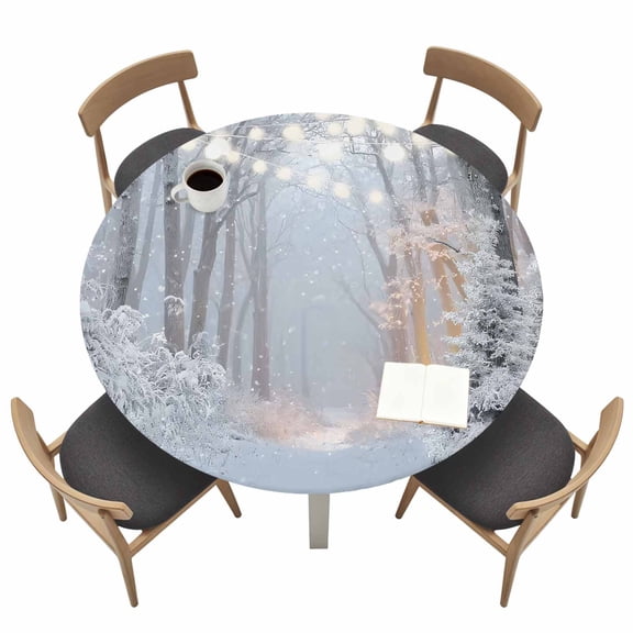 Snow Scenery Round Fitted Tablecloth with Elastic Edge Shiny Winter Snowflakes Forest Trees Snow Table Cover Fit for 55"-60" Tables Waterproof Tablecloths for Dinner Camping Picnic
