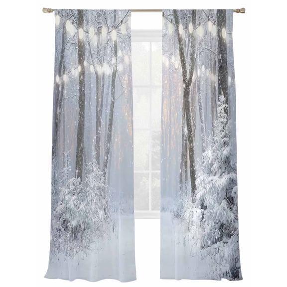 Snow Scenery Sheer Curtains 2 Panels Set Dreamy Winter Snowflakes Forest Trees Snow Sheer Window Curtains Light Filtering Rod Pocket Voile Drapes for Bedroom Living Room 52"X84"
