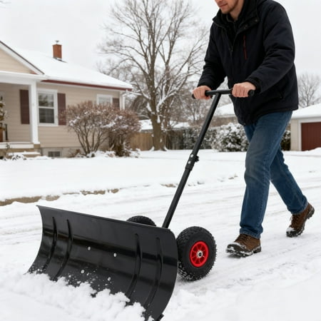 Snow Shovel Pusher with Wheels, 29" Wide Snow Pusher Plow Angle, 5 Level Adjustable Height Handle, Efficient Clean Removal Tool for Driveway or Pavement (Black)