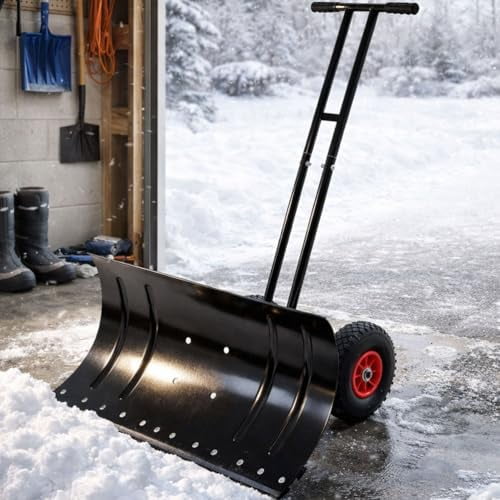Snow Shovel with Wheels, 30-Inch Heavy Duty Snow Pusher with Adjustable Handle & Multi-Angle Blade, Steel Wheeled Snow Plow for Driveway & Sidewalk, Black$$Garden & Patio