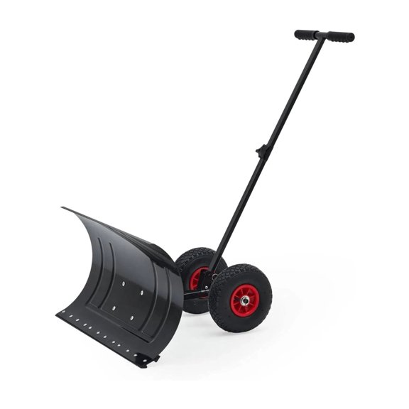 Snow Shovel with Wheels for Driveway, Heavy Duty Push Snow Plow Shovel with Large 29"x 16.5"Adjustable Handle, Angled Blade, Efficient Snow Removal for Pavement