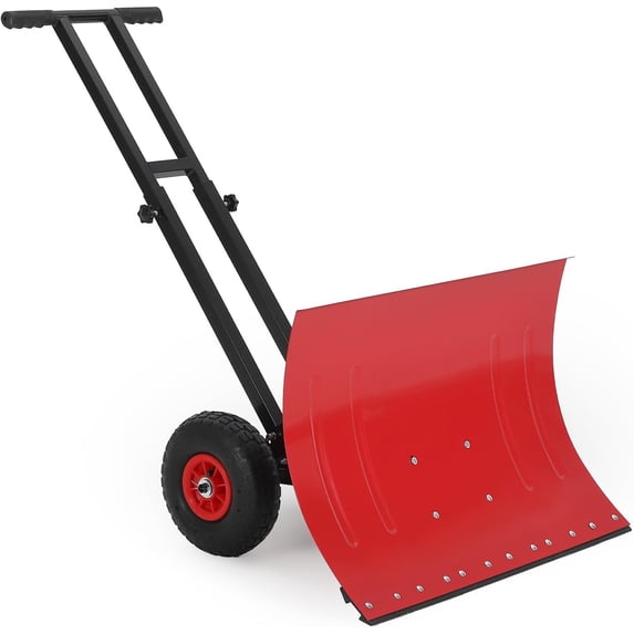 Snow Shovel with Wheels, Heavy Duty Double Rod Wheeled Snow Pusher with 29" W × 19.8" H Metal Blade, Angle & Height Adjustable Handle for Driveway Sidewalk Yard