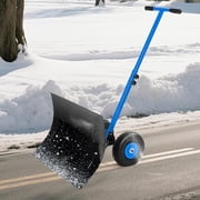 Snow Shovel with Wheels, Heavy-Duty Metal Snow Pusher Shovel with 5-Position Angled Blade & Adjustable Handle,29.1 x 19.3 in Steel Snow Pusher,Ergonomic Design for Driveway Doorway Sidewalk,Blue