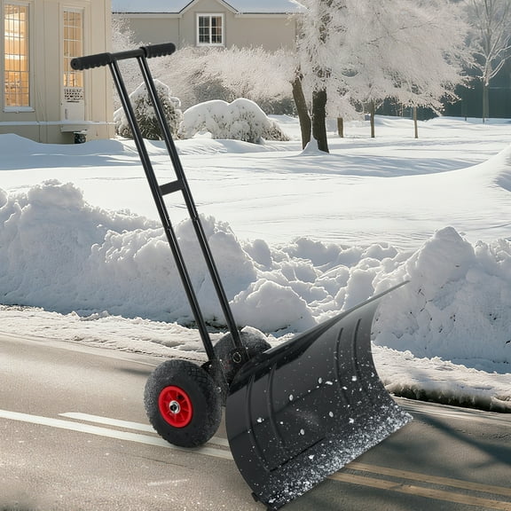 Snow Shovel for Driveway, 29 in Snow Shovels Pusher w/Wheels, Ergonomic Snow Pusher Shovel with Adjustable Height & Angle, Decreasing Back Injuries