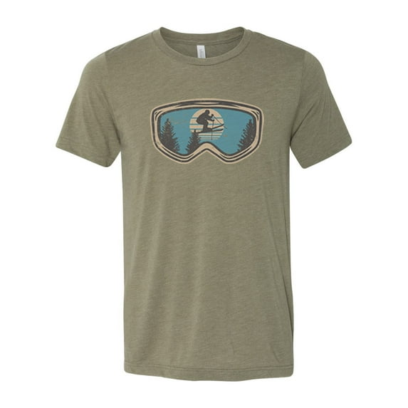 "Snow Skiing Shirt, Ski Goggles, Skiing Shirt, Unisex Fit, Sublimation, Soft Bella T, Snow Sports, Skiing Apparel, Mountain Shirt, Ski Lover, Heather Olive, SMALL"