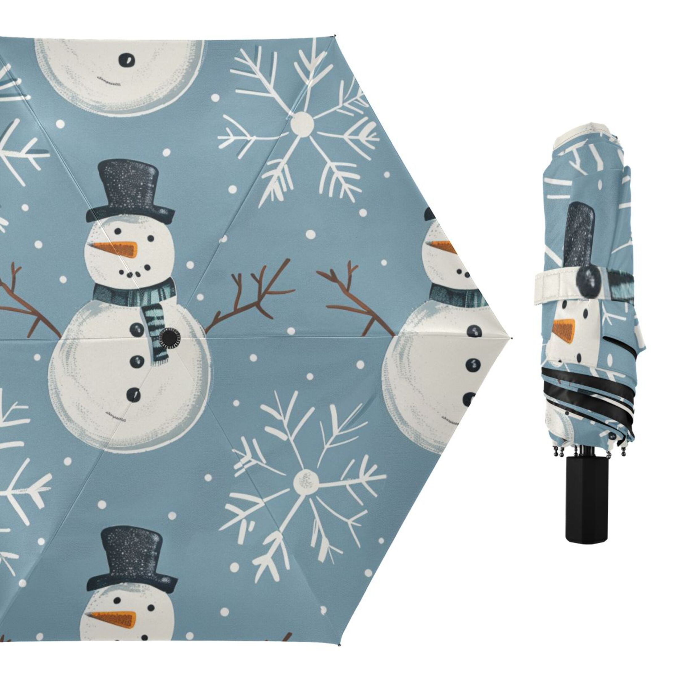 Snow Snowman Cartoon All Weather Umbrella Triple Folding Parasol 6 Ribs UV Protection Portable