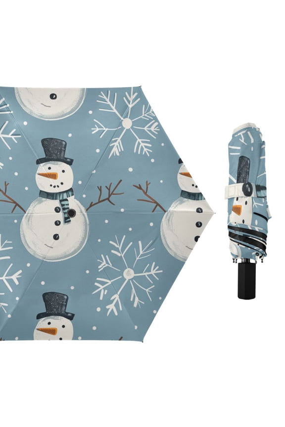 Snow Snowman Cartoon All Weather Umbrella Triple Folding Parasol 6 Ribs UV Protection Portable