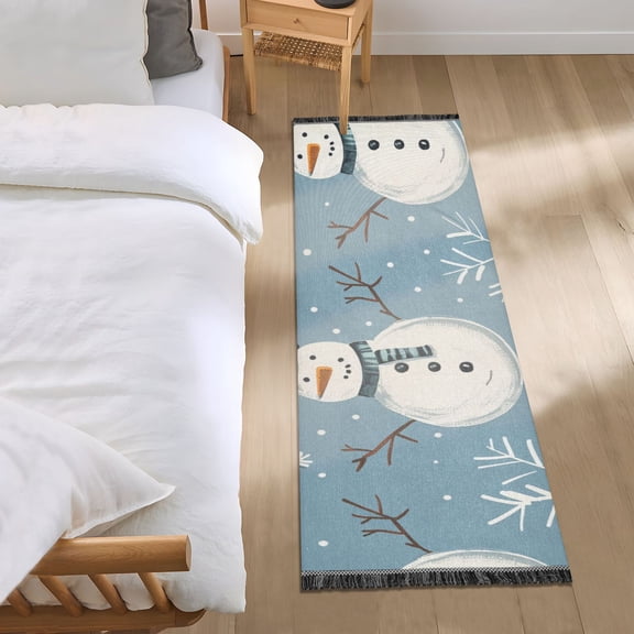 Snow Snowman Cartoon Bedside Runner Rug 2'x 6' Non Slip Carpet Floor Mat Area Rug