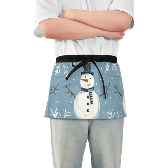 Snow Snowman Cartoon Short Server Apron with 3 Pockets for Unisex Chef Gardening