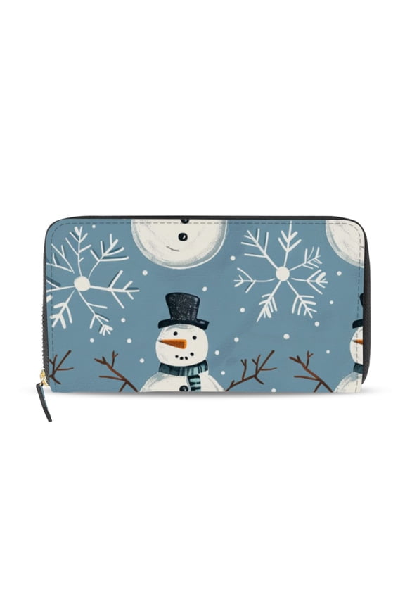 Snow Snowman Cartoon Women's Long Zipper Wallet Bifold Clutch Purse PU Leather Card Cases