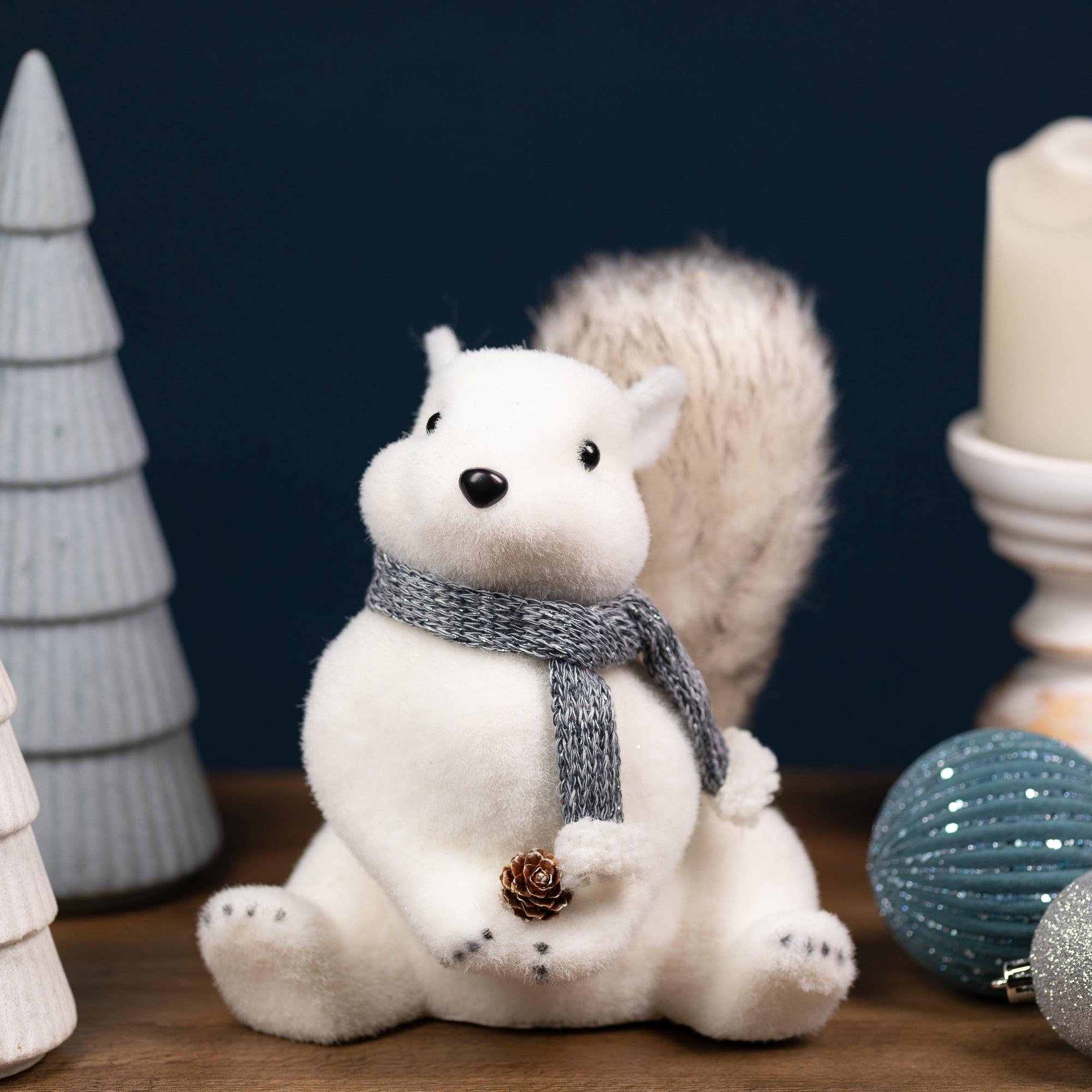 Northlight Snow Squirrel with Pinecone and Scarf Christmas Figure - 8.25" - White and Black