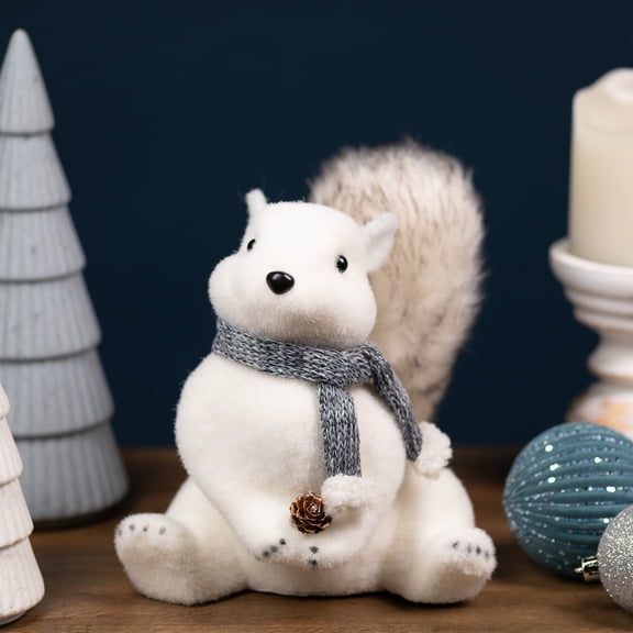 Snow Squirrel with Pinecone and Scarf Christmas Figure - 8.25" - White and Black