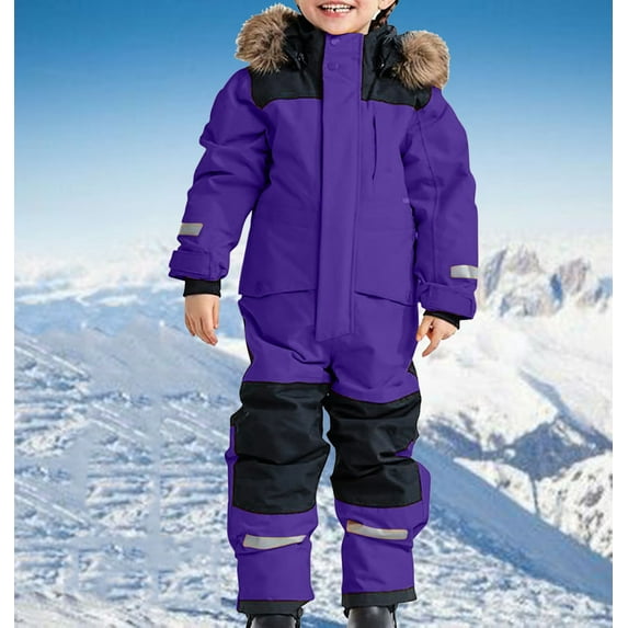 Snow Suit for Kids Winter Outdoor Zip up Hooded Waterproof Ski One Piece Windproof Long Sleeve Jumpsuits with Pockets Trendy Warm Reflective Strip Overalls for Boys Girls Teen