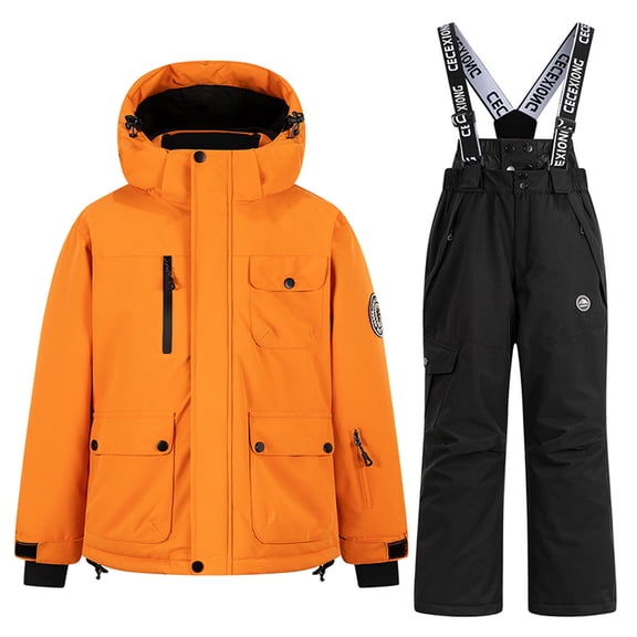 Snow Suit Winter Puffer Coat & Snow Bib Pants, Kids Thicken Waterproof Jackets with Detachable Hood Ski Suit Set Outdoor Clothing Snowboarding Black 11-12 Years