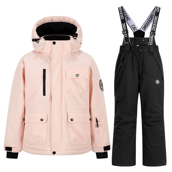 Snow Suit Winter Puffer Coat & Snow Bib Pants, Kids Thicken Waterproof Jackets with Detachable Hood Ski Suit Set Outdoor Clothing Snowboarding Black 13-14 Years