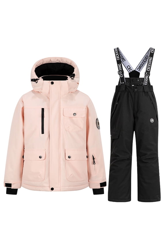 Snow Suit Winter Puffer Coat & Snow Bib Pants, Kids Thicken Waterproof Jackets with Detachable Hood Ski Suit Set Outdoor Clothing Snowboarding Black 13-14 Years