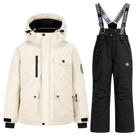 Snow Suit Winter Puffer Coat & Snow Bib Pants, Kids Thicken Waterproof Jackets with Detachable Hood Ski Suit Set Outdoor Clothing Snowboarding Black 13-14 Years