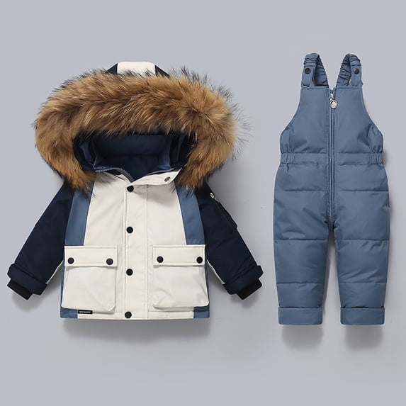 Snow Suit Winter Puffer Coat & Snow Bib Pants, Kids Thicken Waterproof Jackets with Detachable Hood Ski Suit Set Outdoor Clothing Snowboarding Blue 1-2 Years