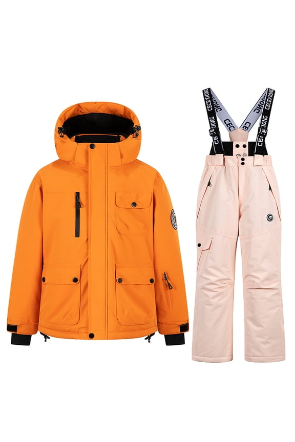 Snow Suit Winter Puffer Coat & Snow Bib Pants, Kids Thicken Waterproof Jackets with Detachable Hood Ski Suit Set Outdoor Clothing Snowboarding Pink 11-12 Years