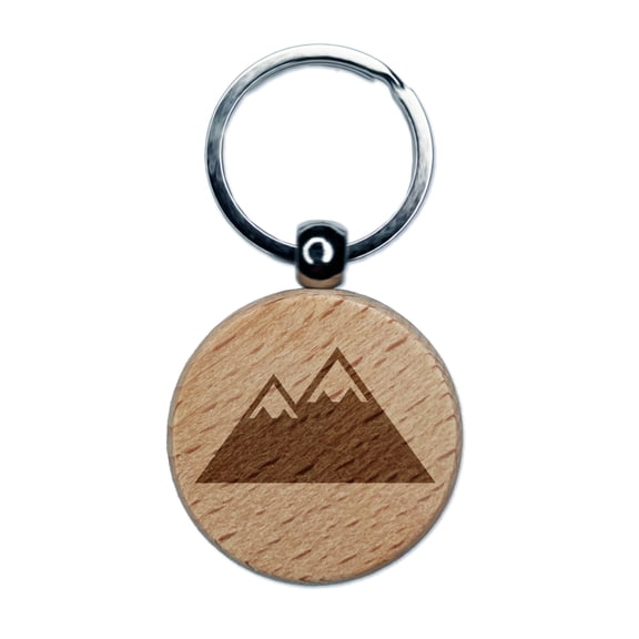 Snow Topped Mountains Round Keychain Charm Tag - Engraved Wood