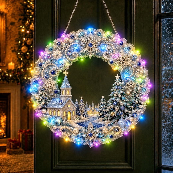 Snow Village Wreath Christmas Pearl Diamond Painting Pendant Kits with LED String Lights,DIY Acrylic Christmas Diamond Art Hanging Kit for Adults,Christmas Ornaments for Home Party Wall Decor