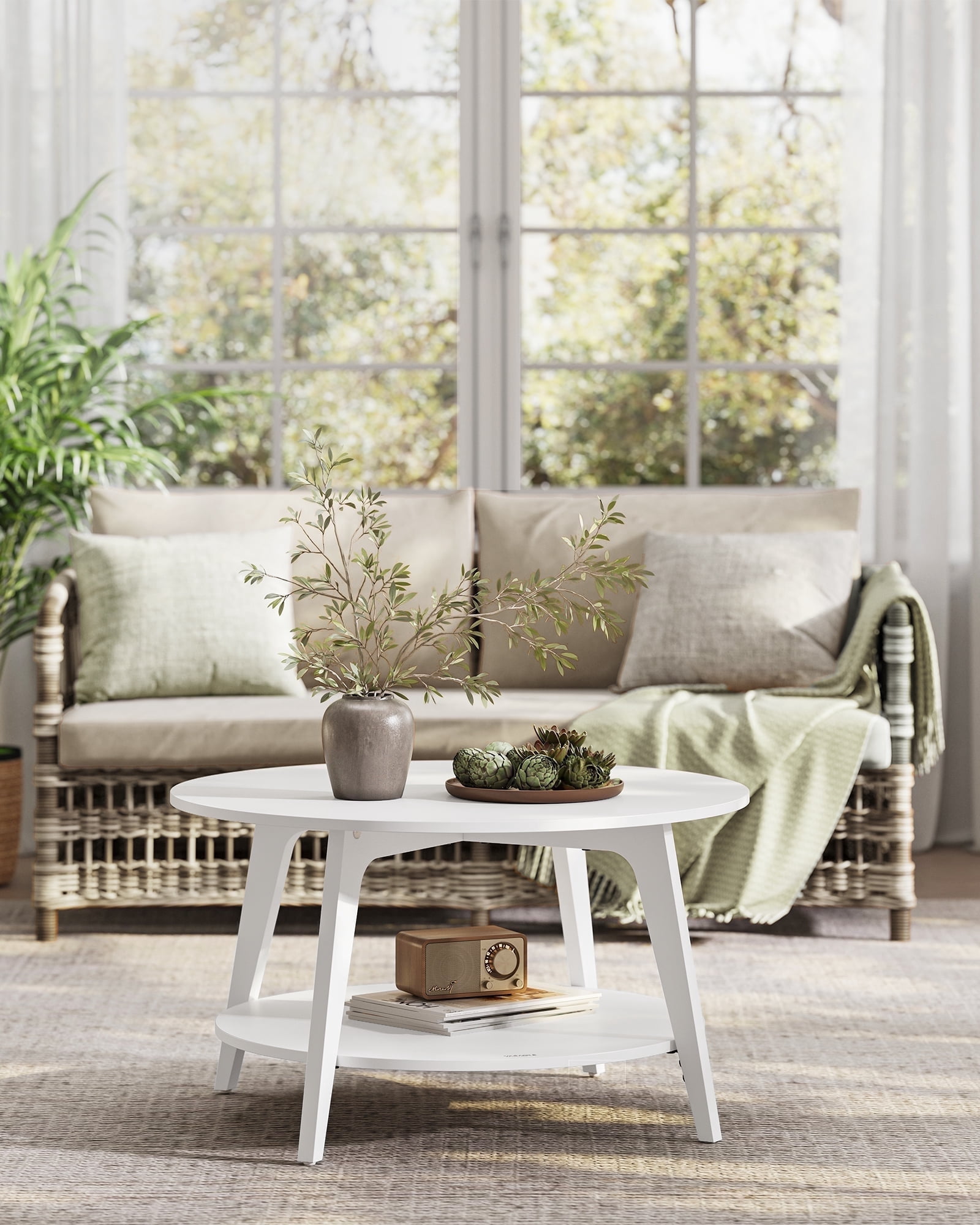 Snow White 2 - Tier Round Coffee Table with Storage - 31.5 x 17.7 Inches, Easy to Assemble for Living Room