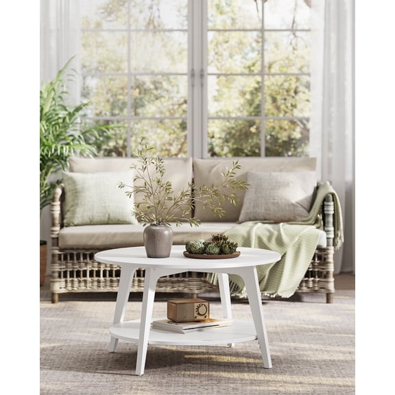 Snow White 2 - Tier Round Coffee Table with Storage - 31.5 x 17.7 Inches, Easy to Assemble for Living Room