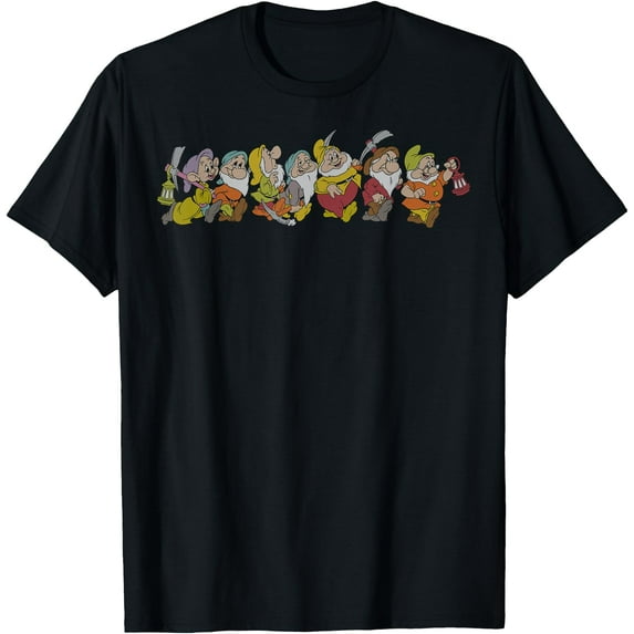 Snow White And The Seven Dwarfs Marching In Line DTG Print Unisex T-Shirt,Black Color,Size YXL