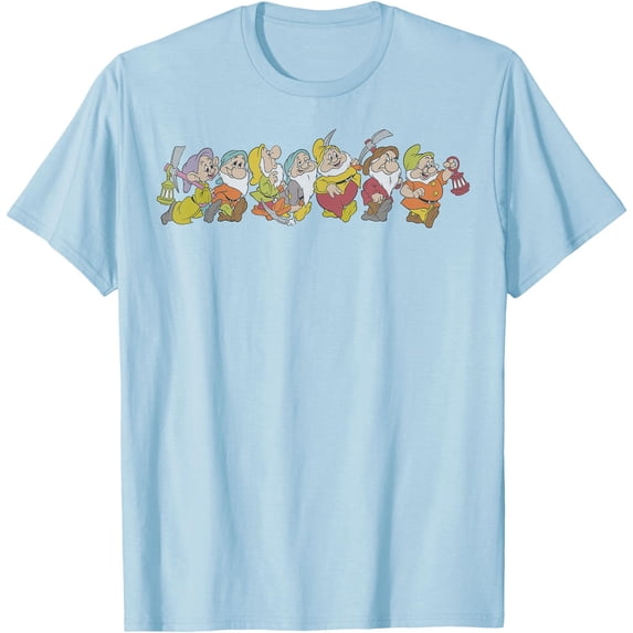 Snow White And The Seven Dwarfs Marching In Line DTG Print Unisex T-Shirt,Light Blue Color,Size XL