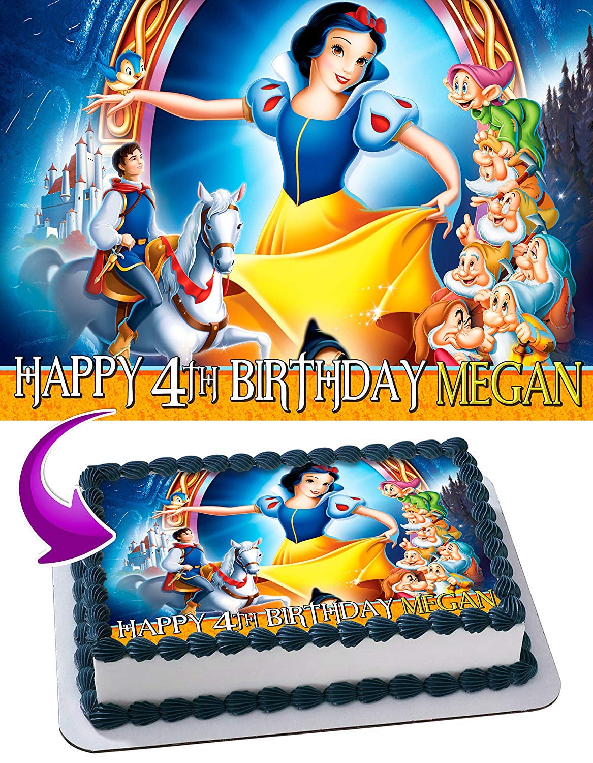 Snow White Edible Cake Image Topper Personalized Birthday Party 1/4 Sheet