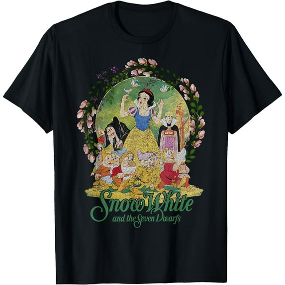 Snow White Group Shot Classic Poster Floral Wreath DTG Print Unisex T-Shirt,Black Color,Size YM