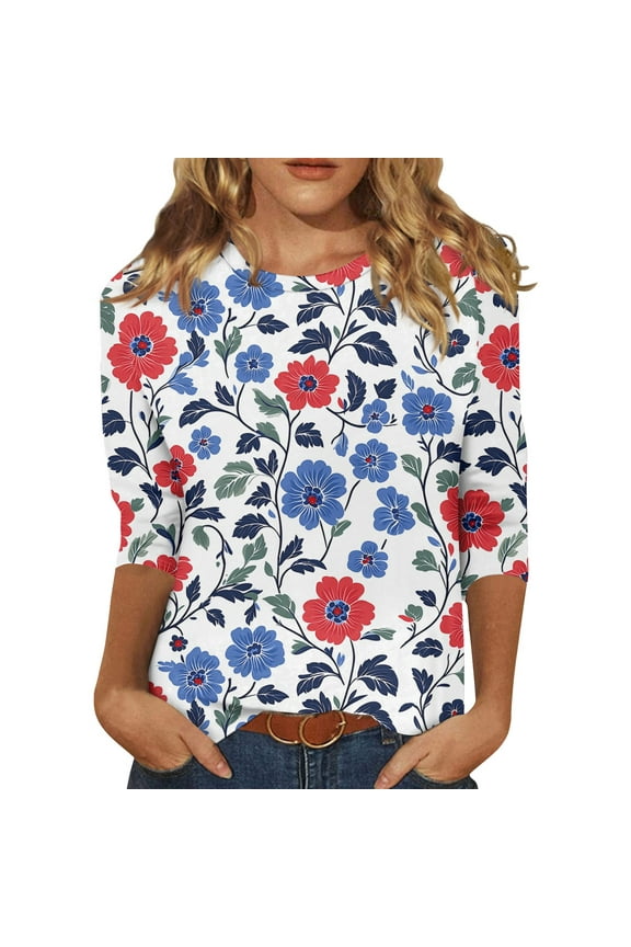Summer Tops, 3/4 Sleeve Shirts Cute Print Graphic Tees Blouses Casual Plus Size Basic Tops Pullover Y2K Tee Shirts Overstock Womens Fashion Tops Yoga Tops Casual (M, Blue) ZMTing