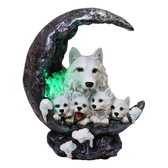 Snow White Wolf Mother With 4 Pups On LED Light Crater Crescent Moon Figurine