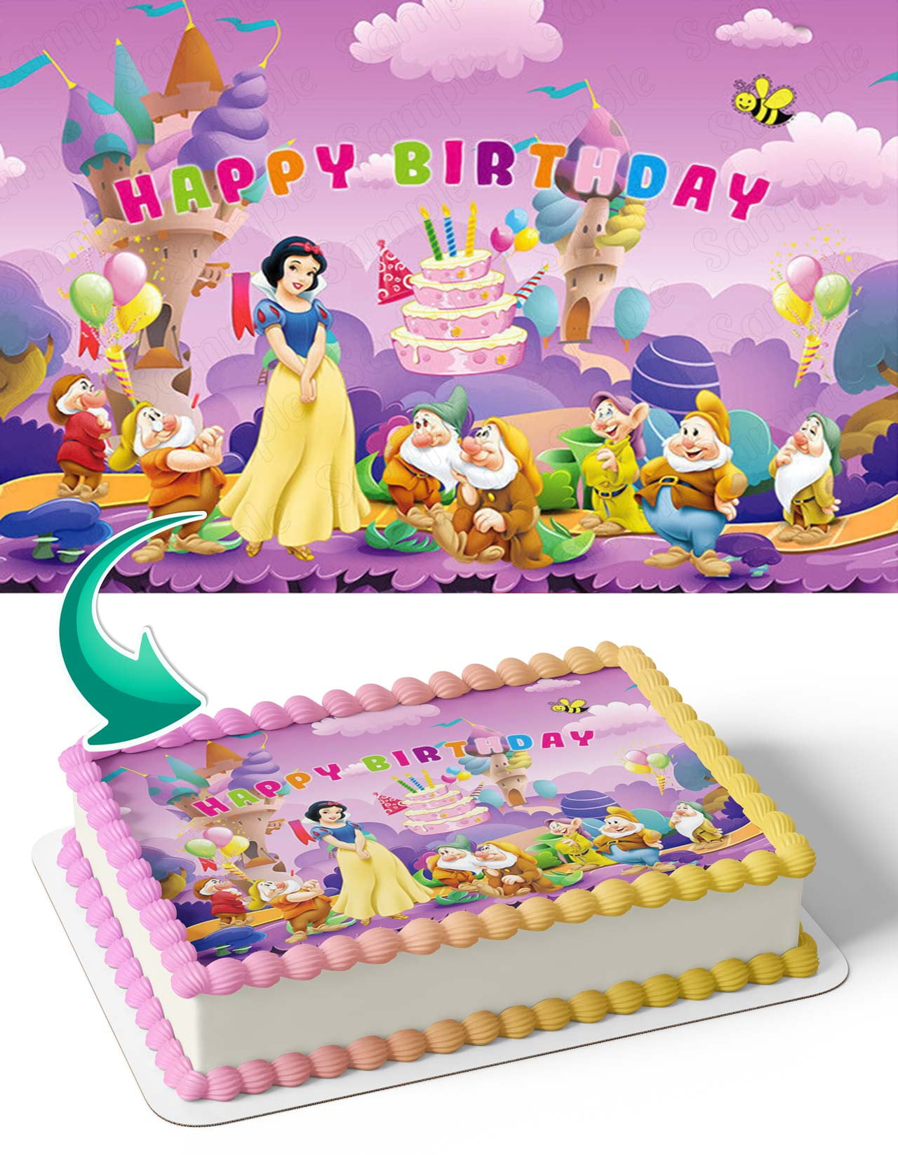 Snow White and the Seven Dwarfs Edible Cake Image Topper Birthday Photo Icing Fondant Decoration Print 1/4 Sheet