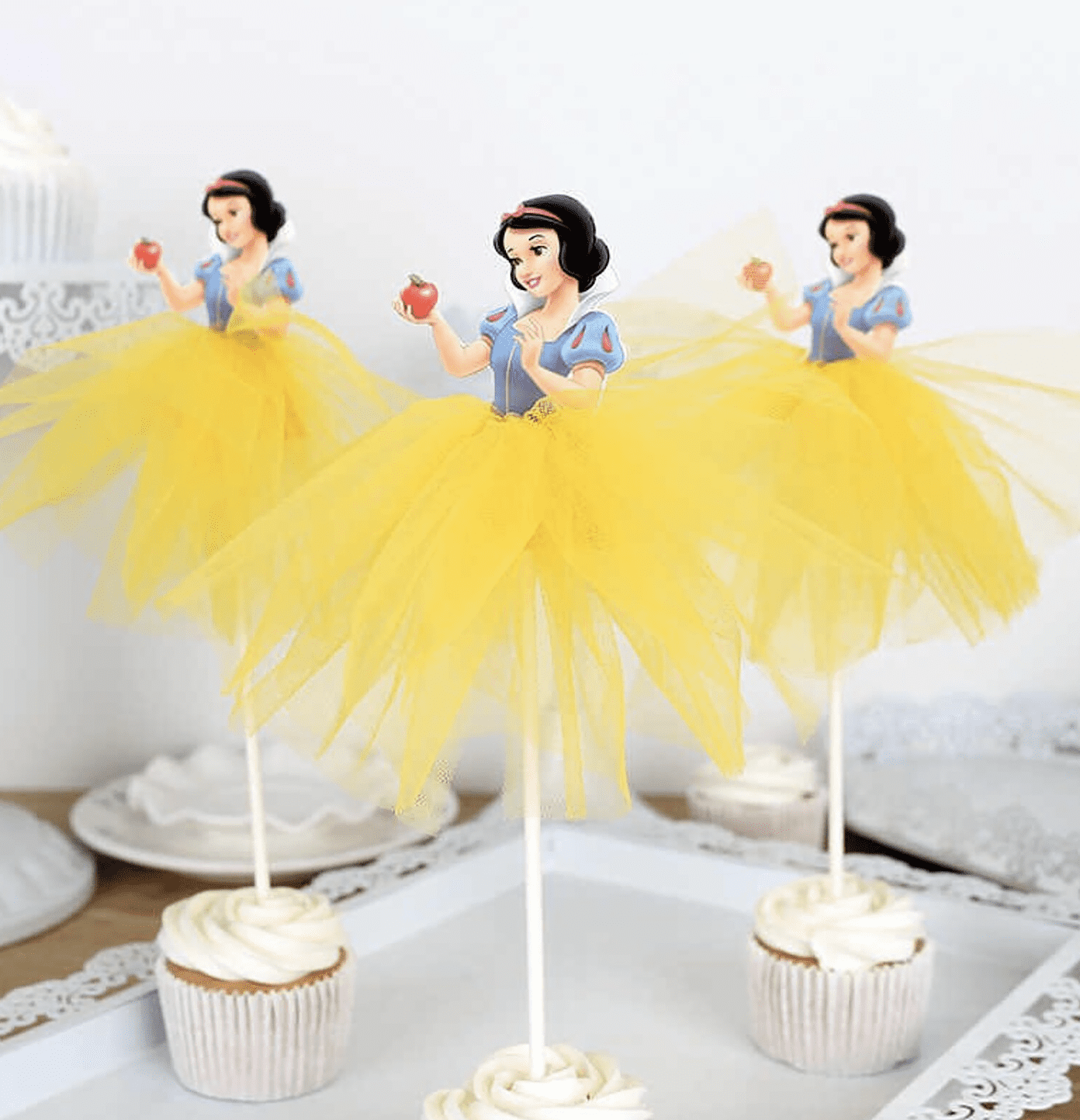 Snow White toppers, tutu dress, princess cake decor 8pc