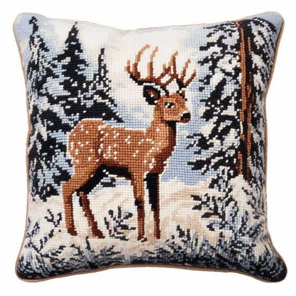 Snow Winter Deers Latch Hook Kits Pillow DIY Rug Crochet Hook Cushion Making Kits with Preprinted Pattern Canvas Instruction Yarns Easy Starter Christmas Decoration Hooking DIY Kits 43x43cm(d113)