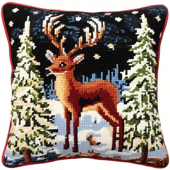 Snow Winter Deers Latch Hook Kits Pillow DIY Rug Crochet Hook Cushion Making Kits with Preprinted Pattern Canvas Instruction Yarns Easy Starter Christmas Decoration Hooking DIY Kits 43x43cm(d114)