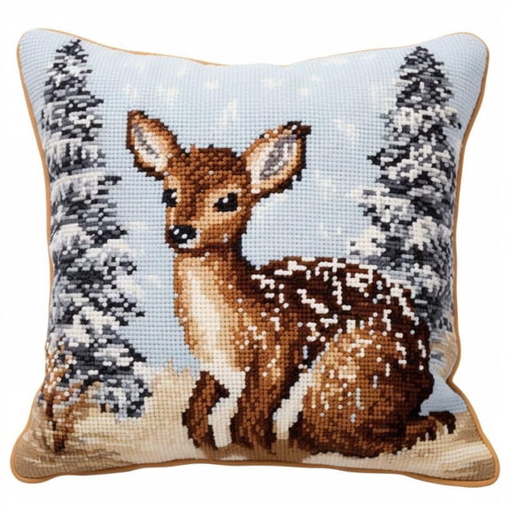 Snow Winter Deers Latch Hook Kits Pillow DIY Rug Crochet Hook Cushion Making Kits with Preprinted Pattern Canvas Instruction Yarns Easy Starter Christmas Decoration Hooking DIY Kits 43x43cm(d115)