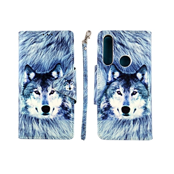 Snow Wolf Case for Motorola Moto G Fast Wallet Cover Flap Magnetic Closure Snap-on Book Style Cases Card Holders Folio Standing Wrist Strap Fashion Flip Pu Leather