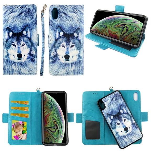 Snow Wolf Case for iPhone X / XS / X10 Magnetic Detachable Pu Leather Wallet Cover with Flap Closure and Snap-on Book Style Cases with Card Holders Wrist Strap 2 in 1 Folio Flip Covers
