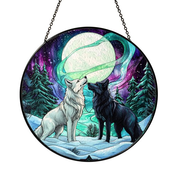 Snow Wolf Themed Stained Glass Style Suncatcher for Window Decor, Fantasy Winter Animal Art, Decorative Hanging