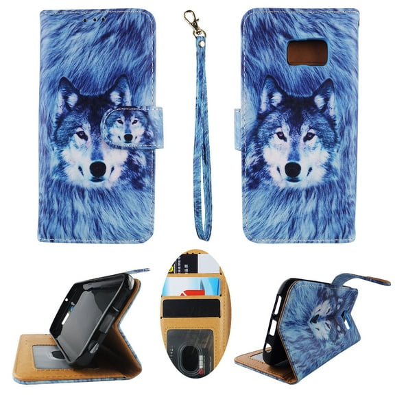 Snow Wolf Wallet Folio Case for Samsung Galaxy S7 Edge Fashion Flip PU Leather Cover Card Slots & Stand