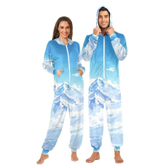 Snow-capped Mountains Adult Onesie Pajamas Slim Fit Christmas One Piece Suit Pjs for Women and Men Hooded Zipper