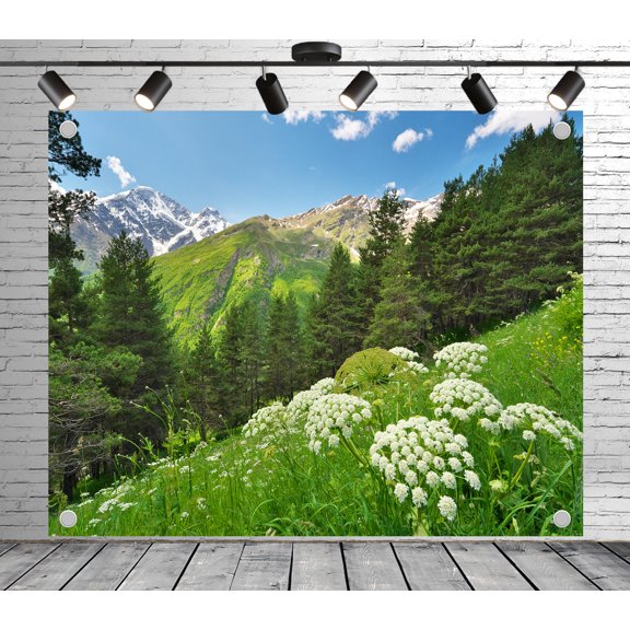 Snow-capped peaks meadow blooms backdrop | Polyester fabric banner curtain, suitable for themed parties, outings, picnics, celebrations, and studio props