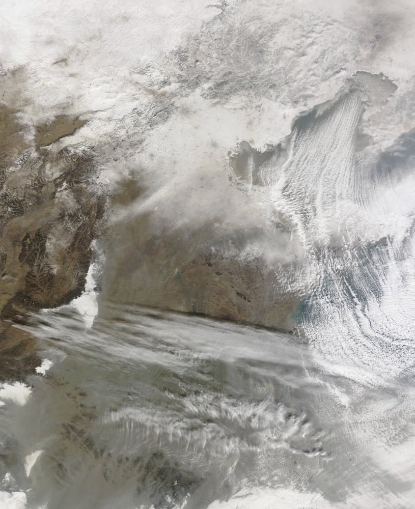 Snow cover encircles Bo Hai and extends to the north and west of that water body Canvas Art - Stocktrek Images (26 x 32)
