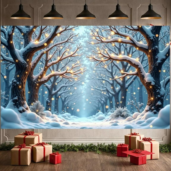 Snow-covered Branches Winter Banner Fairy Lights Christmas Banner Winter Forest Blue Tone Snowy Tree Banner for Christmas Party Winter Celebration New Year Eve